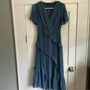 Lulus Next to You Slate Blue Swiss Dot Ruffled Midi Dress XSmall